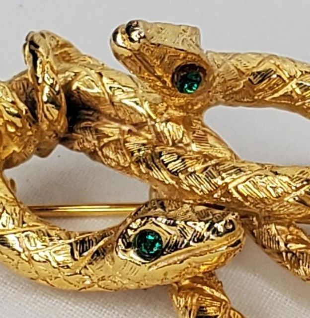 Vtg DeNicola Snake Brooch Gold Tone Green Stone Eyes Intertwined Snakes Signed