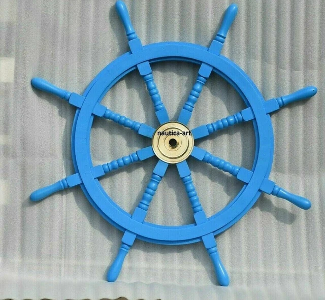Big 36'' Handcrafted Teak Wooden Captain Carved Steering Teak Brass Ship Wheel