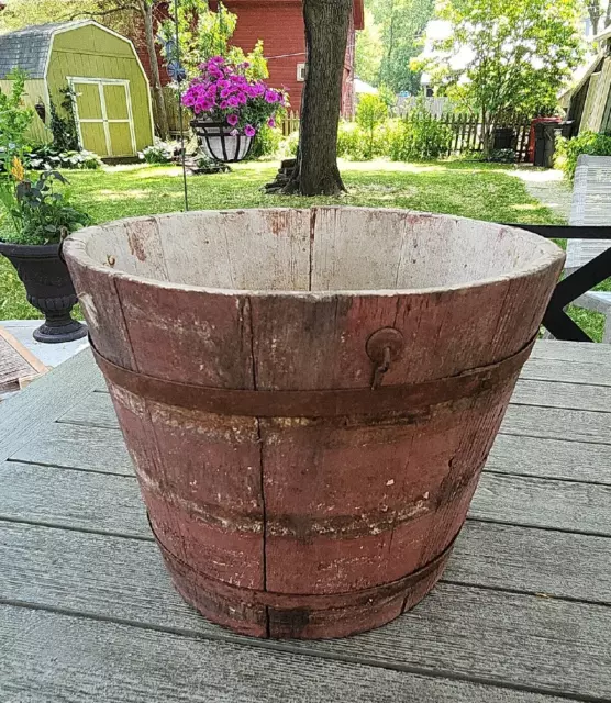 Vintage Wood Farm Staved Bucket Antique Painted RED 9.5" X 11.5" Wide Sap Milk