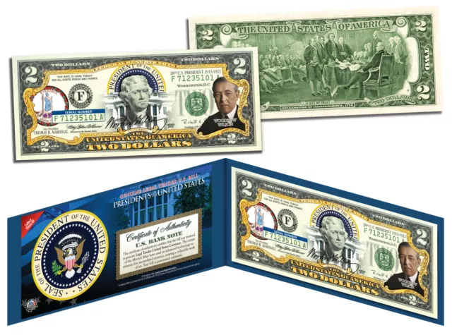 WOODROW WILSON * 28th U.S. President * Colorized $2 Bill Genuine Legal Tender