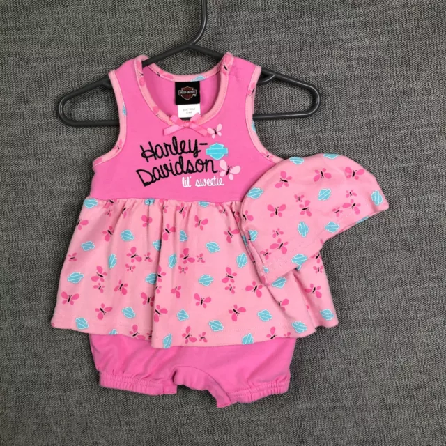 Harley Davidson Bodysuit Baby Girls 6M 9M Pink Romper Peplum Butterfly Bow Skirt