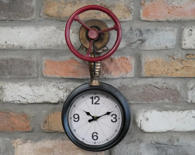 Industrial Wall Clock Metal Pipe Aged Look Steampunk 36cm Cast Iron Valve Handle