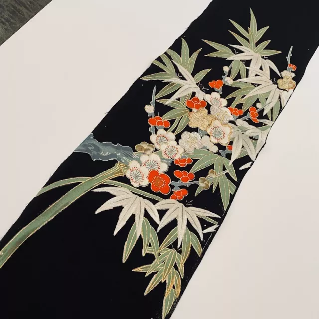 Bamboo Plum #E 7x56 SPOT Hand Painted Tomesode Black Silk Kimono Fabric ToD74