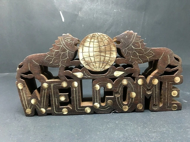 Vintage Hand Carved Wooden Lion Figure Welcome Door Wall Panel With Brass Work