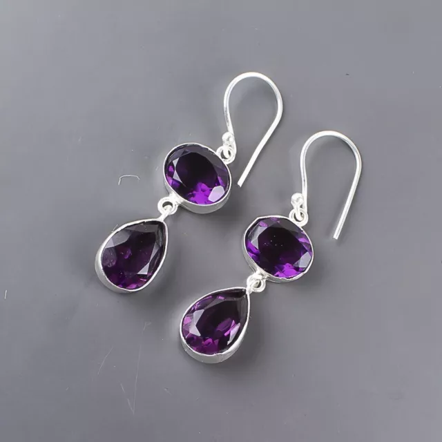 Natural African Amethyst Gemstone Drop/Dangle Earrings 925 Sterling Silver