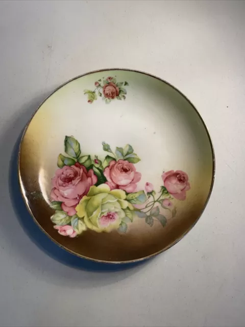 Vintage Hand Painted 9.5" Pink Roses Floral Decorative Plate - Marked Germany