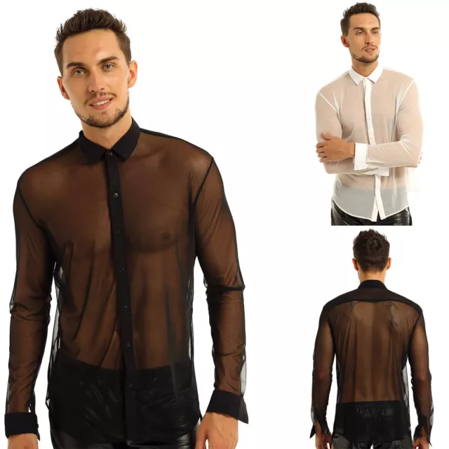 Camicia a maniche lunghe uomo trasparente mesh top shirt camicia con bottoni clubwear lingerie