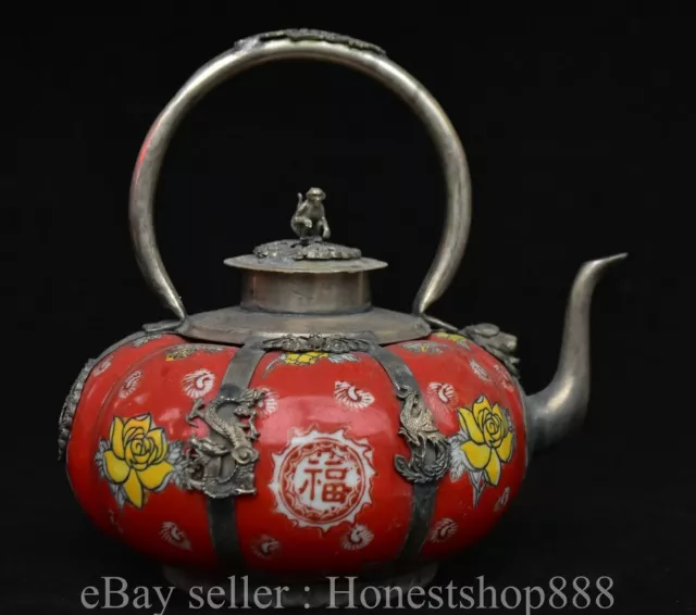 6.4" Old Chinese Copper Wucai Porcelain Dynasty Flower Red Kettle Teapot Statue