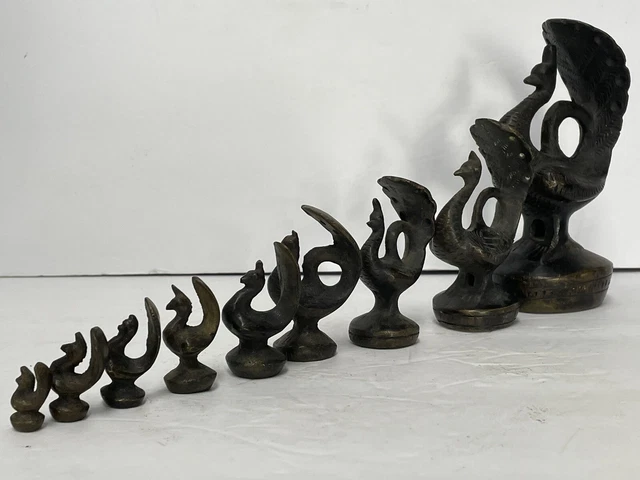 Rare Complete Set Antique Burmese Opium Bronze Weight Set Peacock Bird 9 Pc Vtg 13
