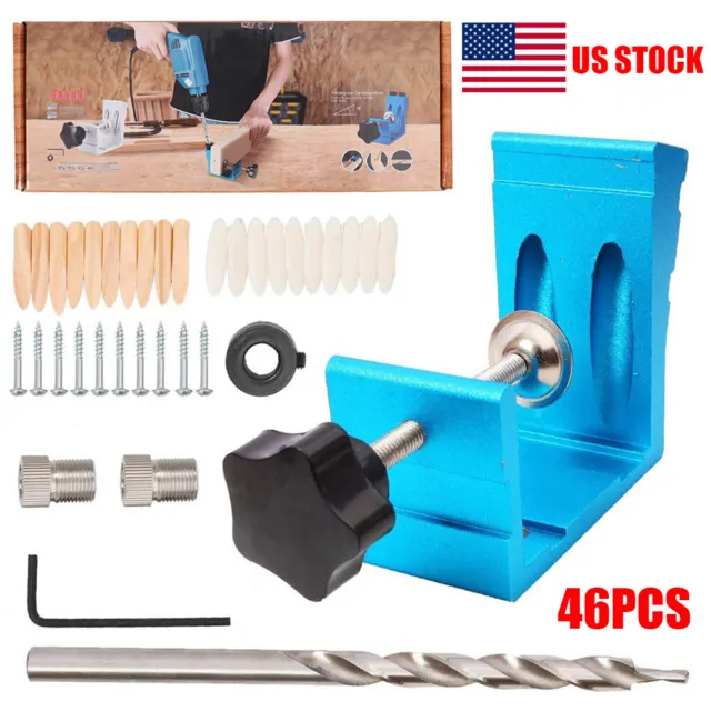 46PCS Pocket Hole Jig Kits Dowel Drills Joinery Screw Carpenter Woodworking Tool