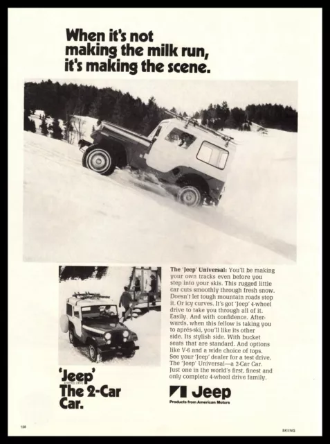 1970 Jeep Universal 4WD Climbing Up Hill At A Ski Lodge Resort Vintage Print Ad