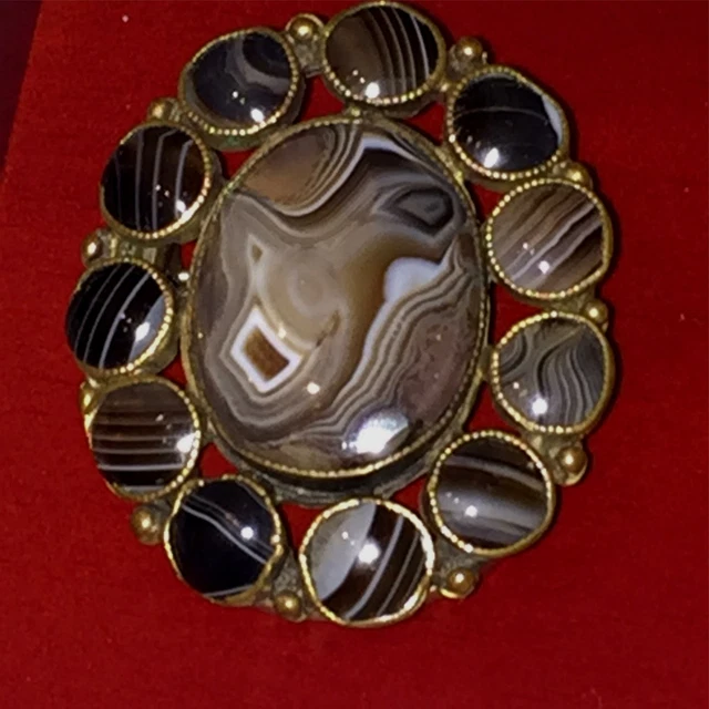 Antique Victorian Scottish Banded Agate Gold Gilt Brooch Pin 19th Century 1800's