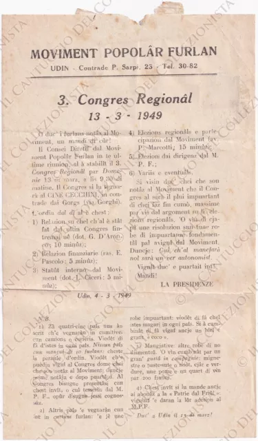 1949 UDINNE Movimento popolare friulano Congresso Regionale volantino