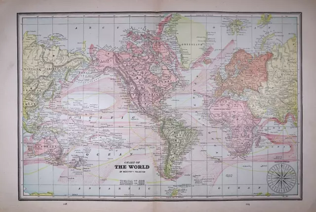 Old 1892 Map of the WORLD w/ OCEAN CURRENTS ~ Authentic Atlas Map (14x21)  #P256