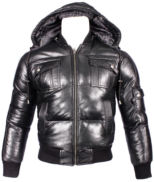 PILOT PUFFER Men's Black Hooded Bomber Premium Italian Quilted Leather Jacket