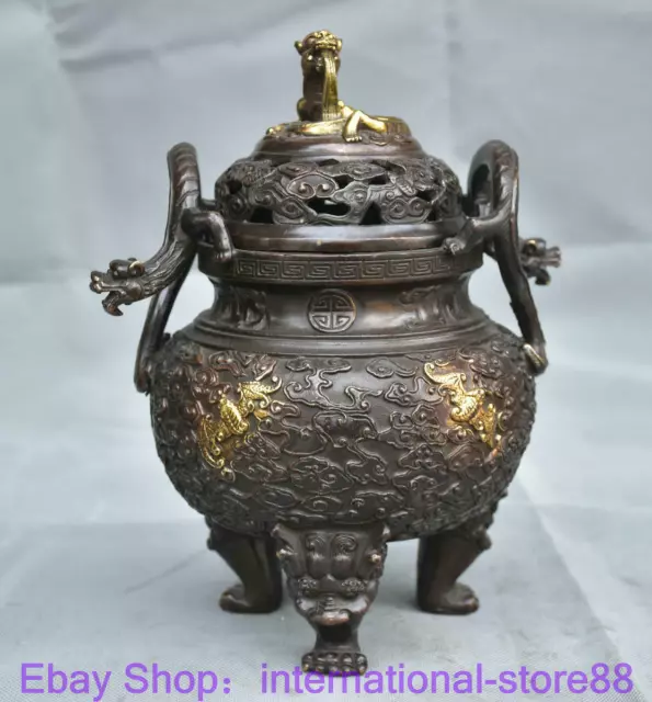 9.2" Marked Old Chinese Bronze Gilt Dynasty Palace Bat Dragon Handle Censer