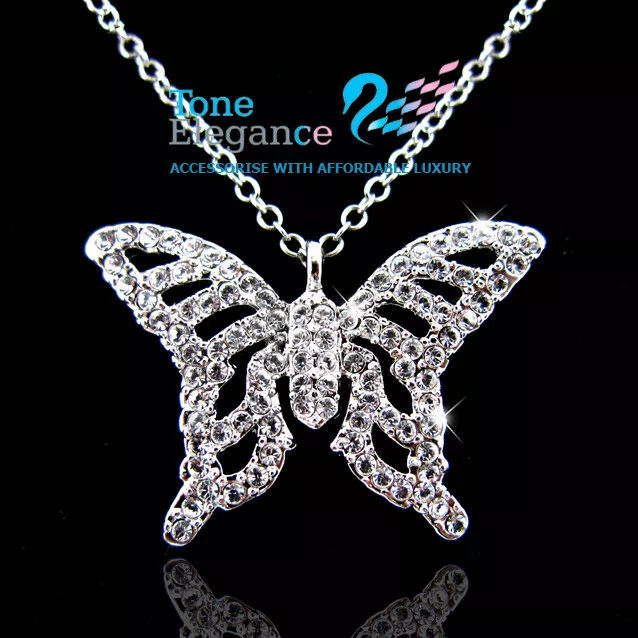 18k 18ct white gold GF butterfly solid lady women necklace made with swarovski