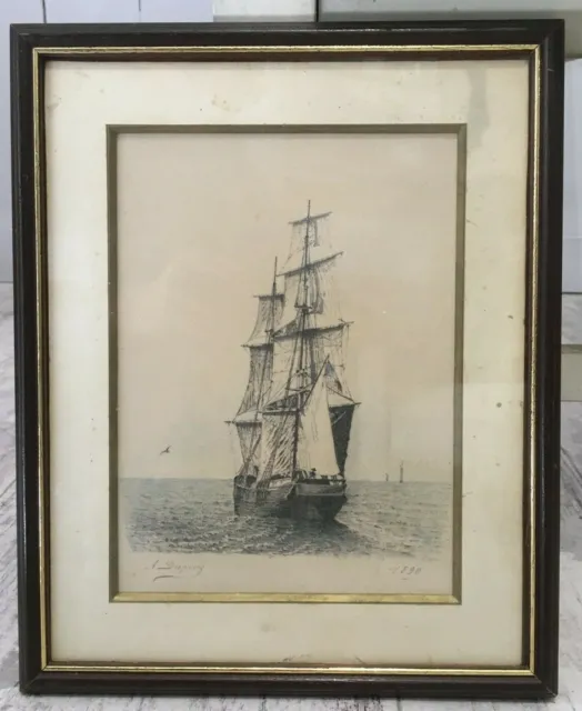 A. Dupuis (XIX) Fusain Paysage marin marine bateau voilier navire France 1890