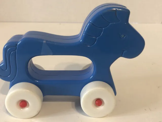 1984 Vintage Gerber Baby  Rattle Adorable!! Blue Horse white wheels rolling toy