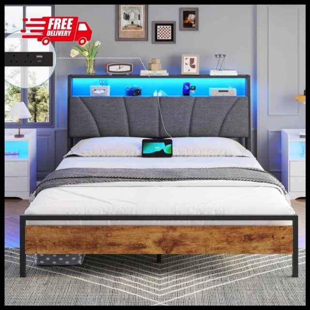 DOUBLE BED FRAME with Upholstered Storage Headboard, Stable and Sturdy ...