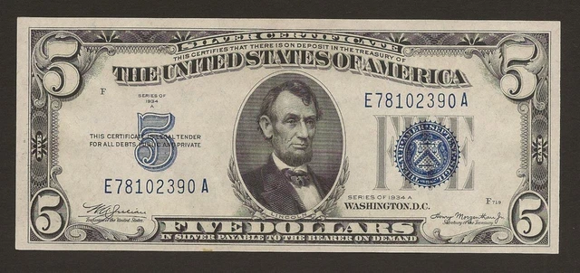 1934A $5 Mule Silver Certificate  -  Fr.1651m  -  About Uncirculated