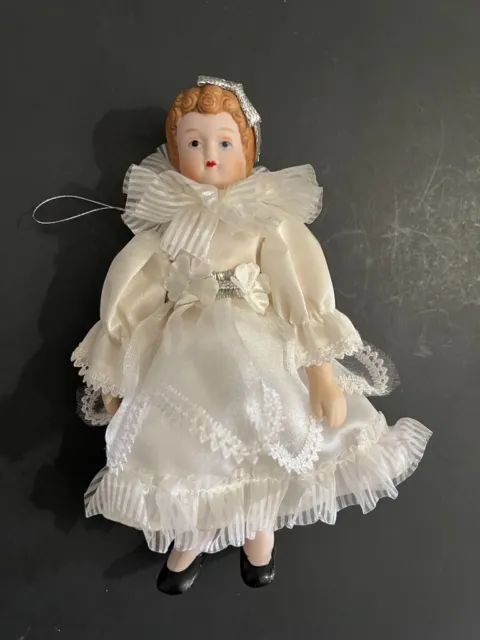 Vintage Silvestri China Doll Ornament 7.5" Porcelain Bisque White Dress