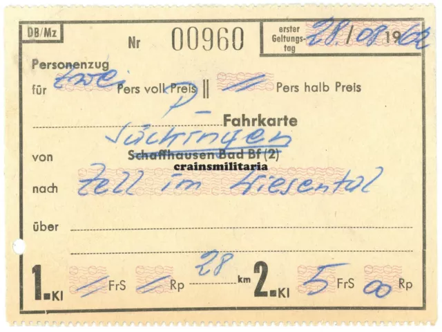 Orig. DB Fahrschein Fahrkarte Säckingen - Zell im Wiesental Baden 1962