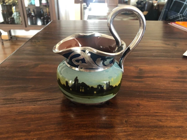 Rare Art Nouveau Long Park Pottery Torquay Sterling Silver Overlay Gravy Pitcher
