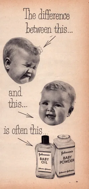 1953 Johnson's Baby Powder & Oil Happy Crying Babies Vintage Magazine Print Ad