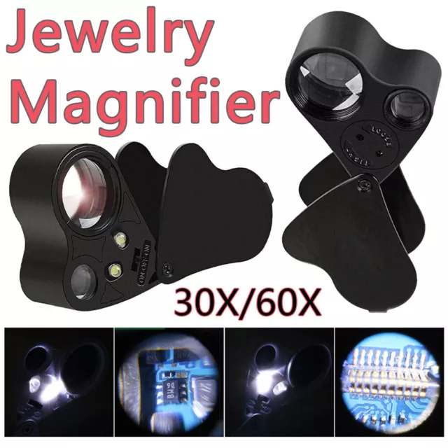 LED Double 30X 60X Jewelers Eye Loupe Multi Magnifier Magnifying Glass