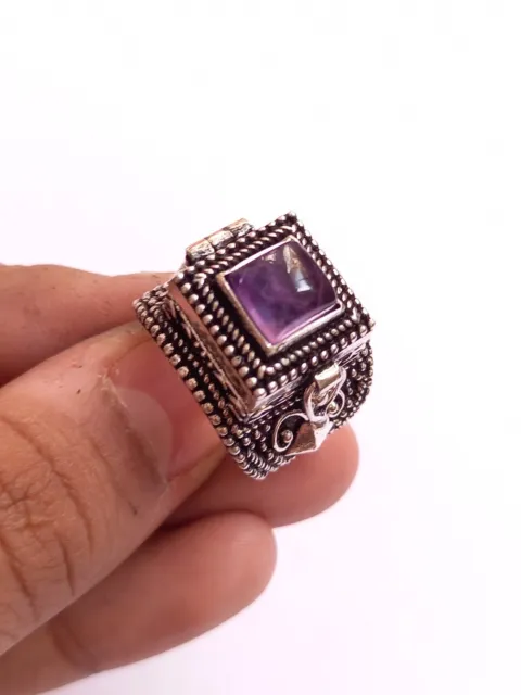 Handmade 925 Silver Plated Amethyst Poison Ring Secret Compartment Size 8 US