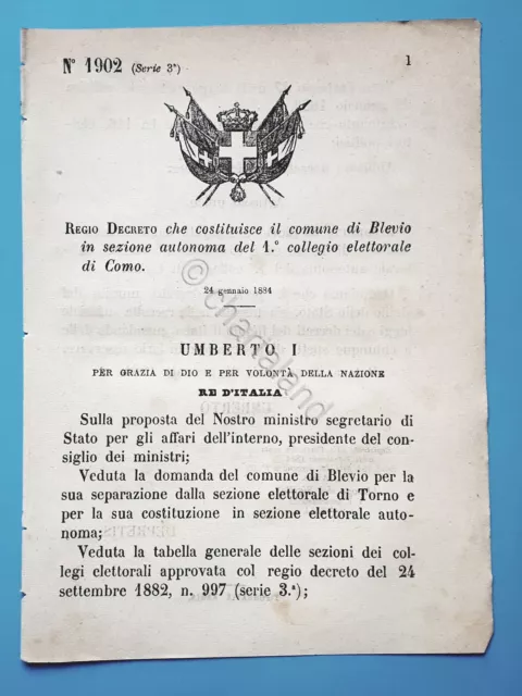 Decreto Regno Italia - Costituzione comune di Blevio in sezione di Como - 1884