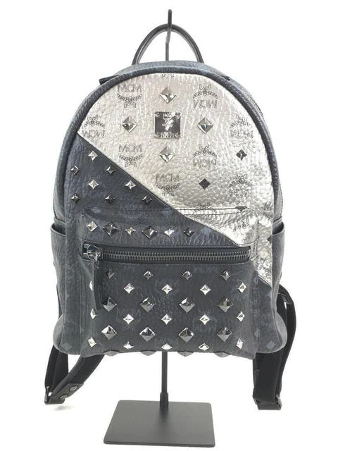 MCM BACKPACK LEATHER Gray x Black Silver Studs Overall Pattern
