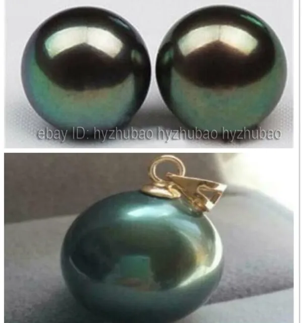 AAA+ Round Black Tahitian Pearl Beads 10-11mm Earrings /10-12mm Pendant 14K Gold