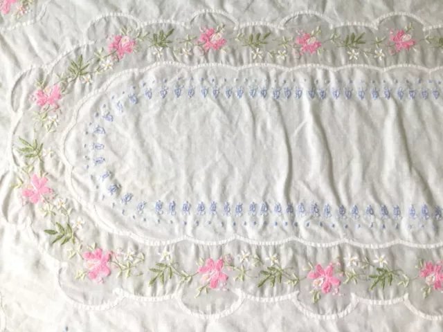 Vintage Exquisite Hand Embroidered Floral Tablecloth Cotton/Organdy