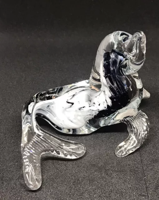 Vintage Studio Art Glass Seal - Sea Lion Paperweight Clear Black White Seal