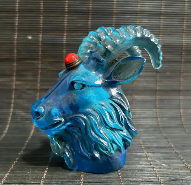Colorful glazed glass hand carved goat head statue snuff bottle