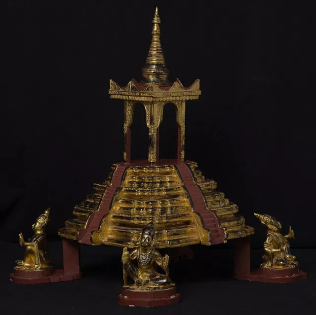 Late 20th Century, Antique Burmese Wooden Throne with Gilded Gold and Angels 6
