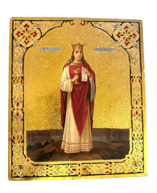 19c RARE RUSSIAN ANTIQUE ICON SAINT VARVARA on gold