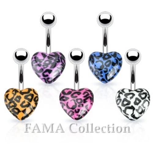 FAMA Leopard Print Hearts 316L Surgical Steel Navel Belly Ring Colour Select