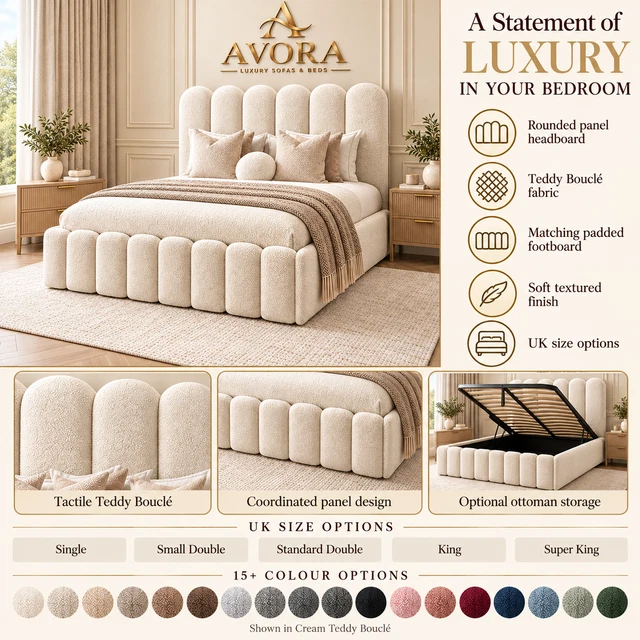 Text Tile Material MARTHA UPHOLSTERED TEDDY Boucle Fabric Bed Frame Gas Lift Storage ...