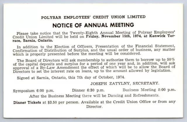 1974 Polysar Employees' Credit Union Sarnia Ont. Meeting Notice Prepaid Postcard