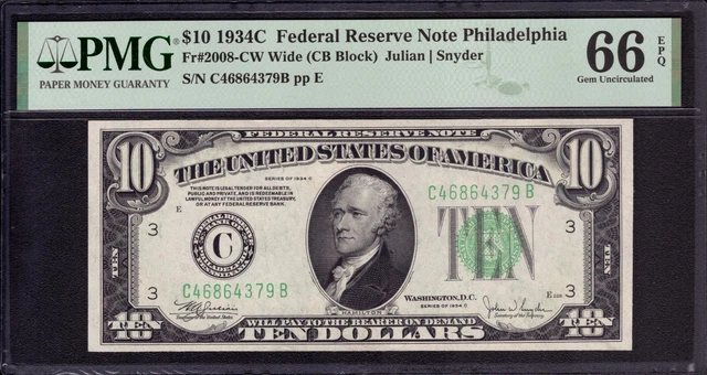 1934 C $10 Federal Reserve Note Philadelphia Fr.2008-C Cb Block Pmg Gem 66 Epq