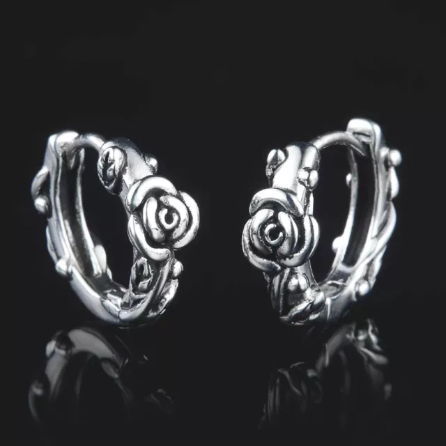 Silver Small Rose Huggie Hoop Earrings Men Women Stainless Steel Jewelry Gift