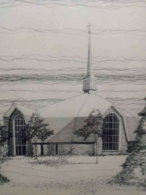 MODERN 70S CHURCH Pen and Ink Architectural Drawing Framed Signed T H ...