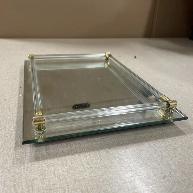 VINTAGE MCM MIRROR Vanity Tray With Glass Rails 8x11 Perfume Display LN