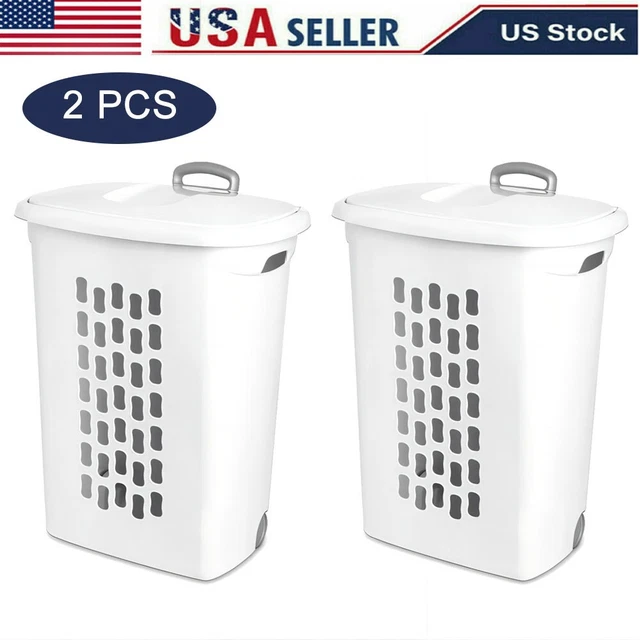 2PCS PLASTIC WHEELED Laundry Hamper Rolling Clothes Storage Basket with