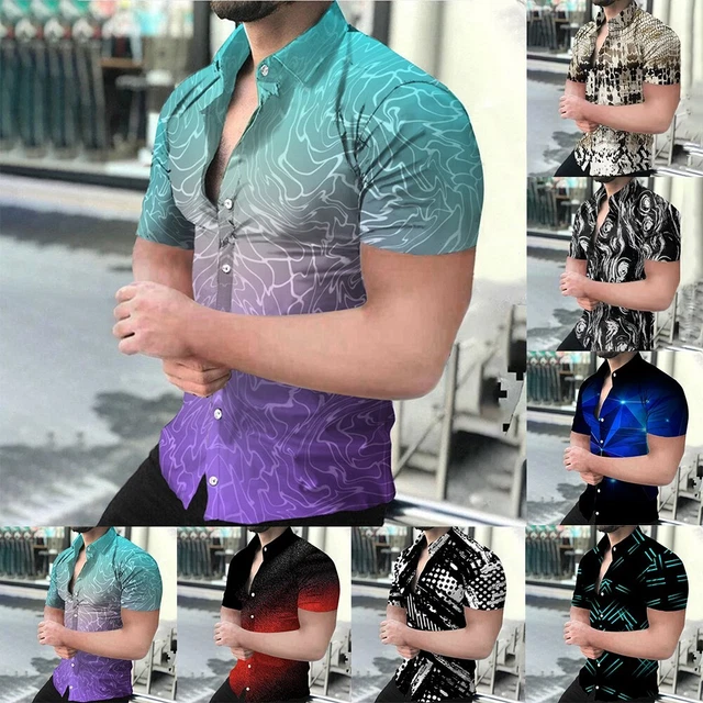 Men Button Down Shirt Fashion Fitness Short-Sleeve Casual Hawaiian Up Tee Dress