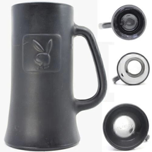 PLAYBOY BUNNY MUG LOGO Black Glass Beer Stein Barware Advertising Vintage 1960s