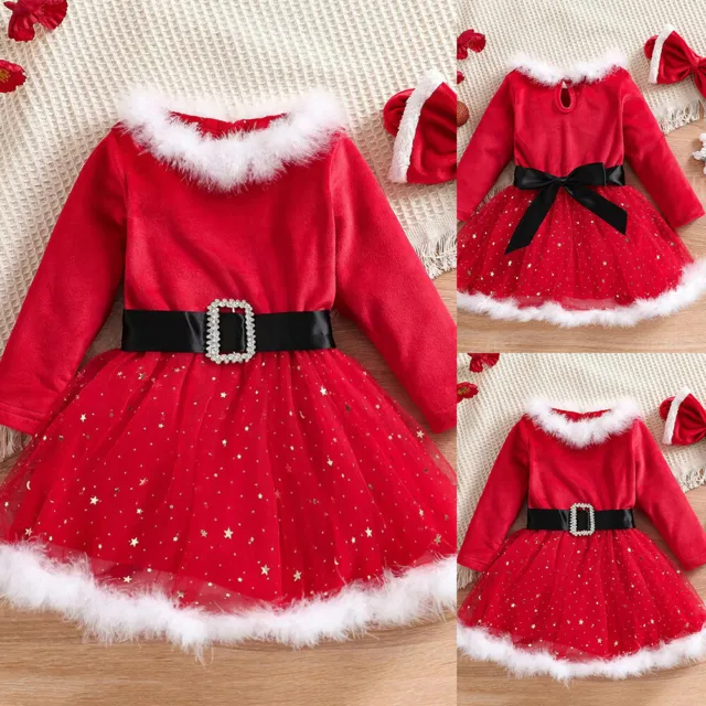 Christmas Kid Girl Baby Long Sleeve Fur Lace Party Dress Headband Outfit Clothes
